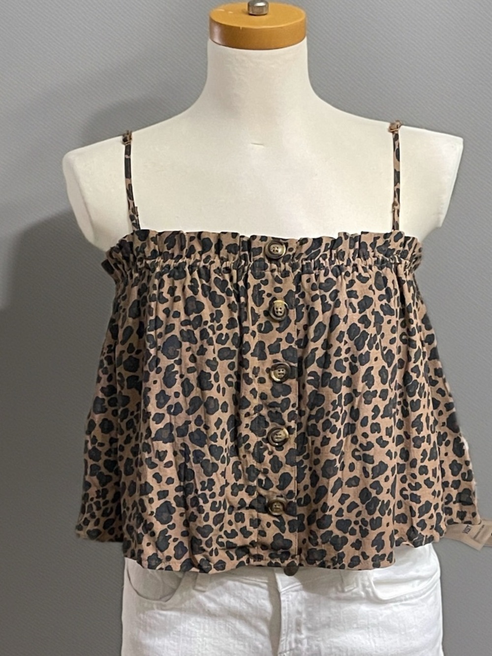 American Eagle Leopard Print Button-Front Spaghetti Strap Crop Top - Tan/Black L